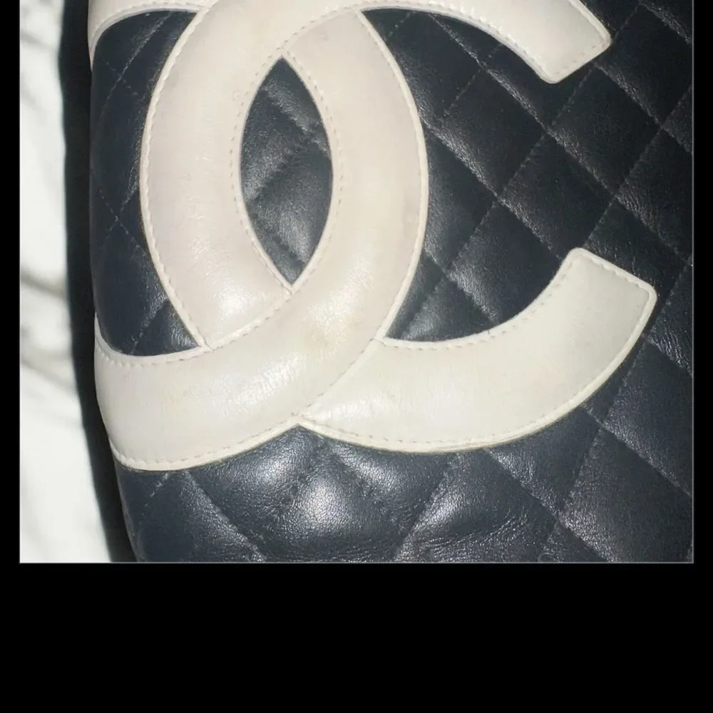CHANEL Cambon Black and Cream Quilted Tote with pink interior